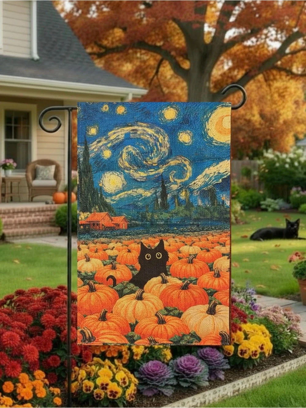Garden Flag, Starry Night Black Cat Pumpkin, 12”x18”, Burlap double-sided